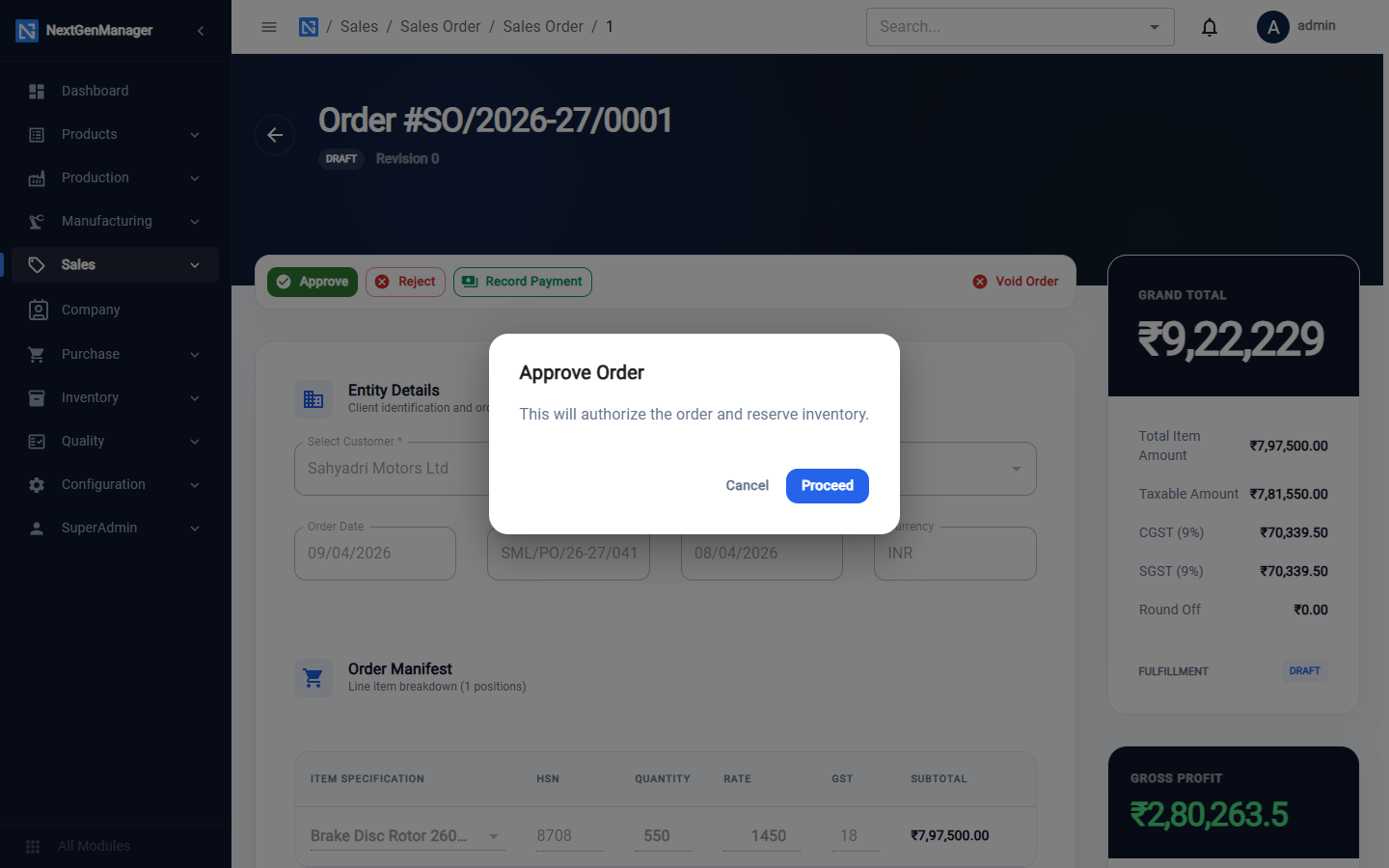 A sales order with the Approve Order box open, reading: This will authorize the order and reserve inventory.